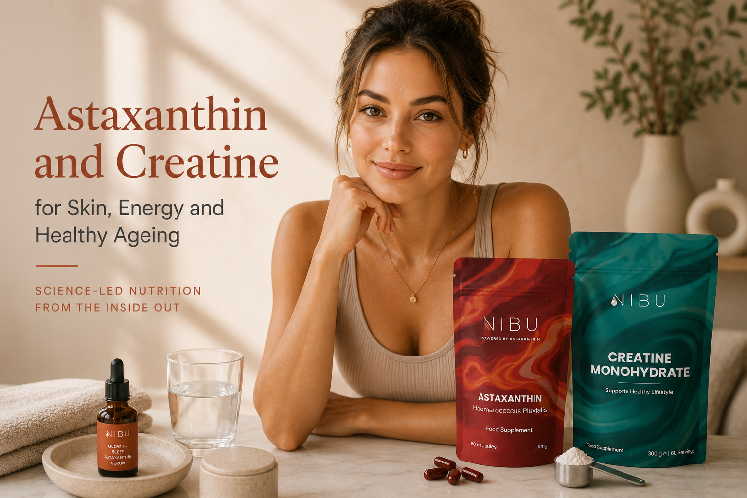 Woman following an inside-out healthy ageing routine with astaxanthin and creatine.