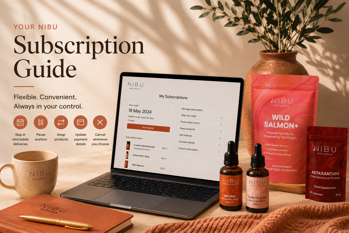 Nibu Naturals subscription box with natural skincare and supplement products
