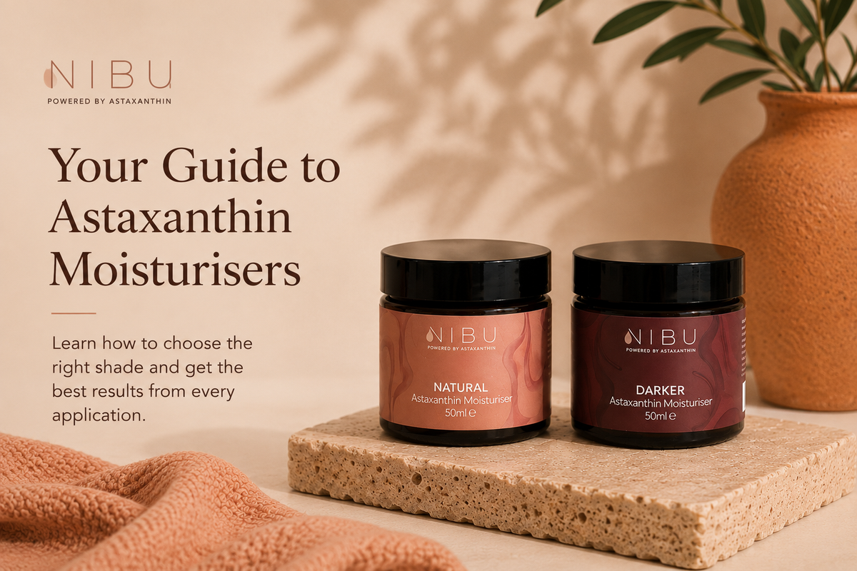 Nibu astaxanthin moisturiser range showing Natural and Darker options for pro-ageing skin care
