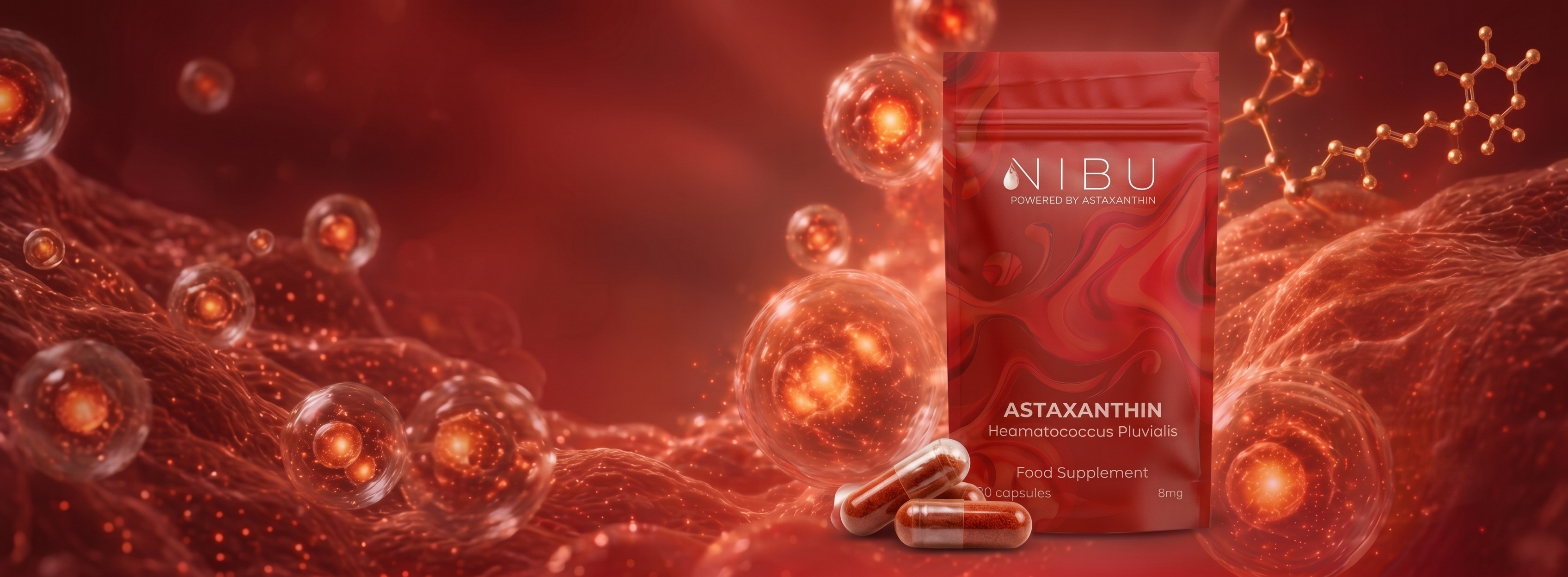 NIBU Astaxanthin supplement packaging with red and gold design on a red background with abstract elements.