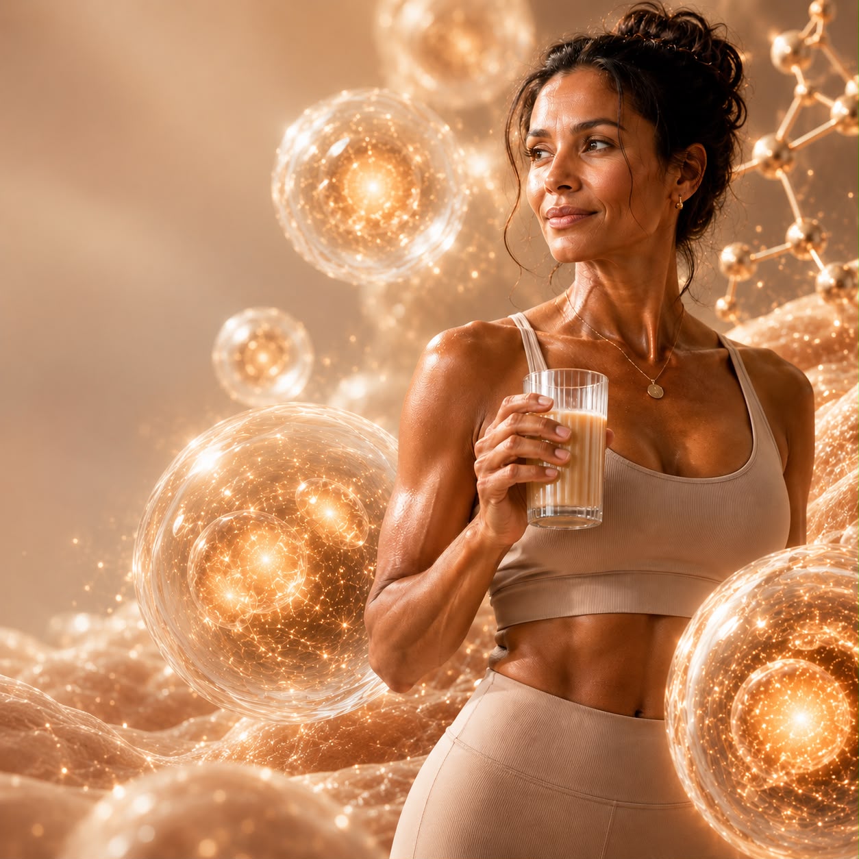 Woman holding a creatine drink surrounded by glowing cellular energy orbs, representing ATP production and cellular longevity