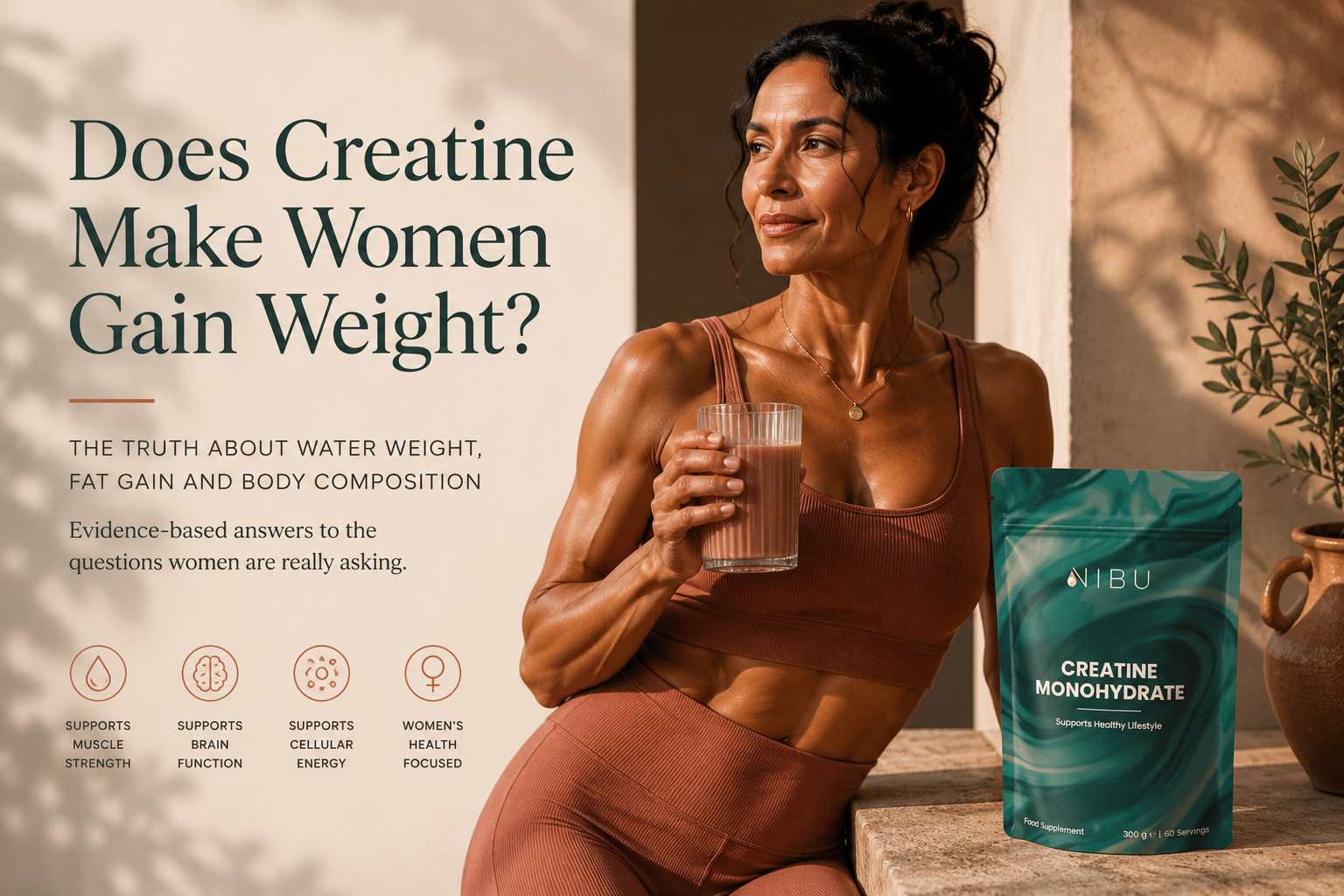 Woman in her 50s enjoying an active outdoor lifestyle with Nibu Creatine, illustrating healthy ageing and the truth about creatine and weight gain