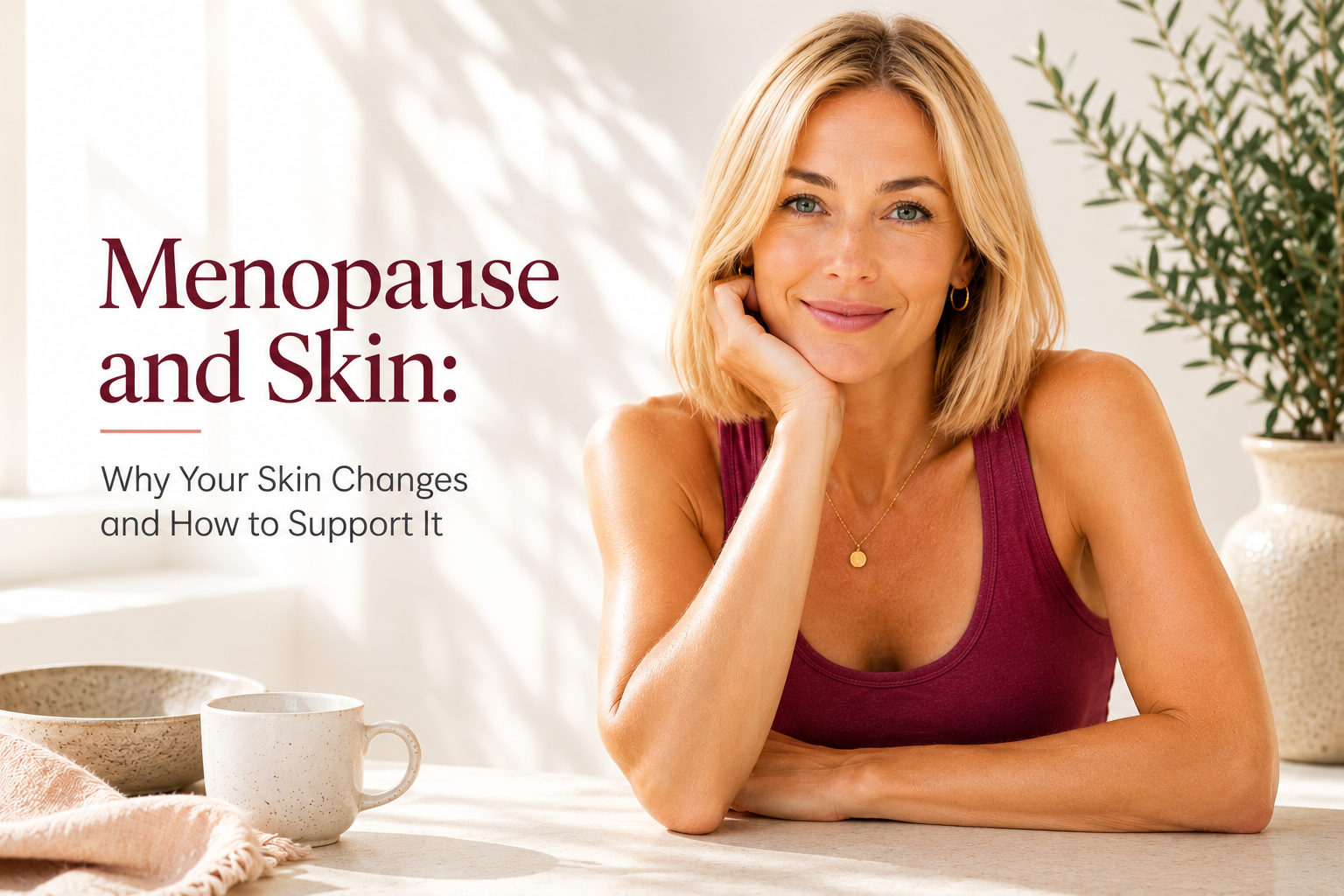 Radiant woman in midlife illustrating healthy skin during perimenopause and menopause.