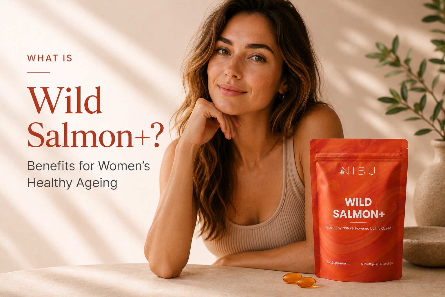 Nibu Wild Salmon+ supplement beside a healthy breakfast representing omega-3 nutrition and healthy ageing.