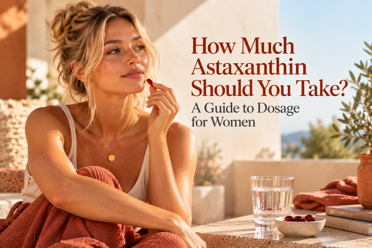 Woman holding a red capsule beside a glass of water, with the title How Much Astaxanthin Should You Take? A Guide to Dosage for Women.